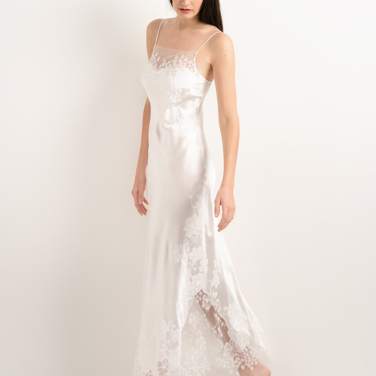 Long silk slip dress - Natural and Natural Sakura lace