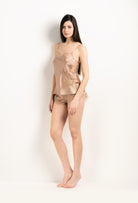 Discover the unique craftmanship of the belgian designer Carine Gilson in her atelier for the 2025 Winter collection with this Camisole Straight Neckline in Vison Silk  with Vison lace