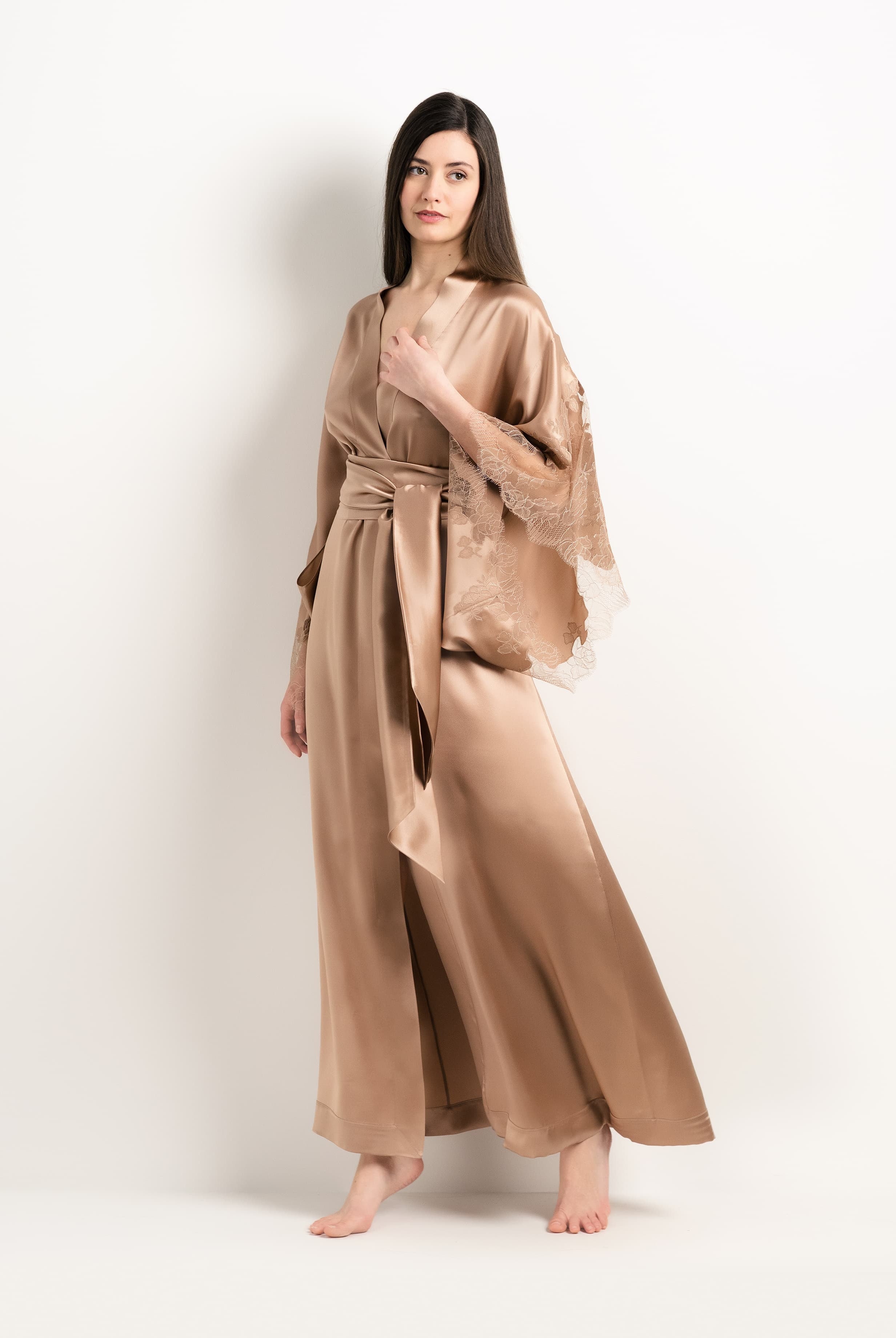 The 2025 Winter collection from the house Carine Gilson - The most beautiful couture lingerie to be discovered with this Long Kimono Butterfly Sleeves in Vison Silk with Vison lace