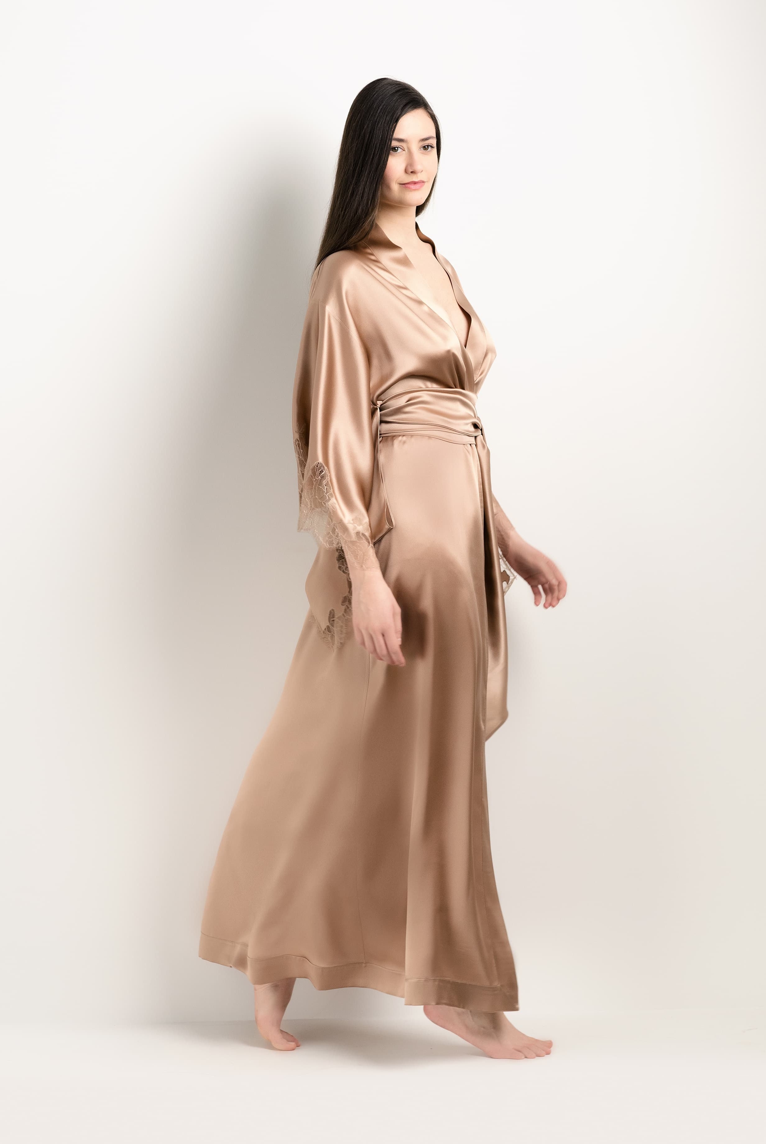 The 2025 Winter collection from the house Carine Gilson - The most beautiful couture lingerie to be discovered with this Long Kimono Butterfly Sleeves in Vison Silk with Vison lace