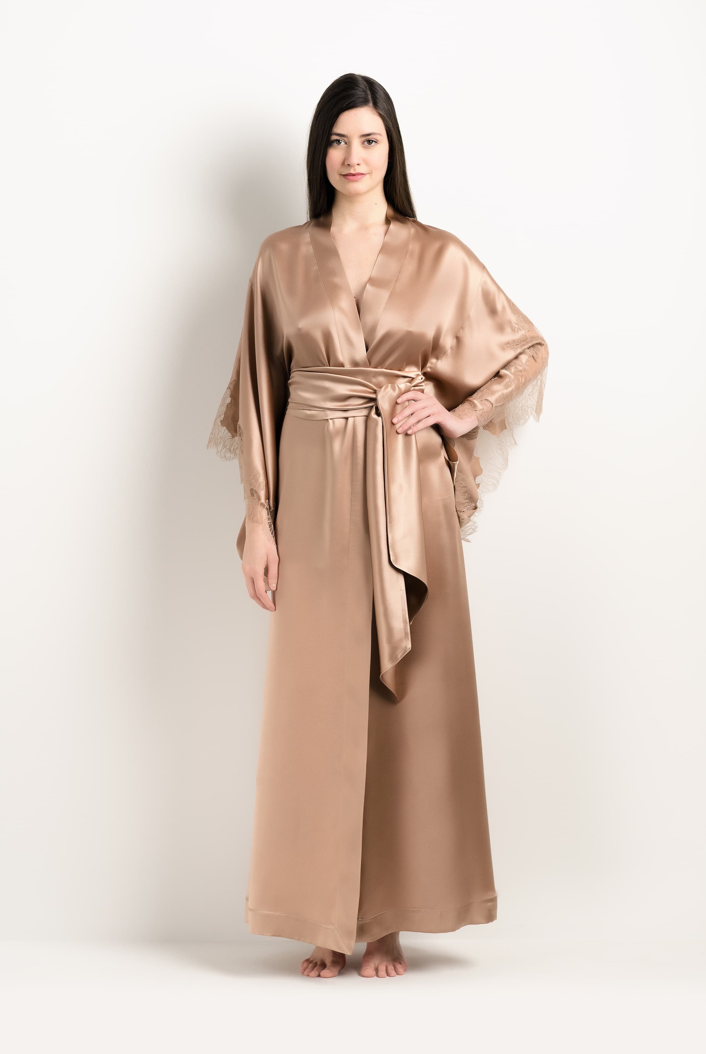 The 2025 Winter collection from the house Carine Gilson - The most beautiful couture lingerie to be discovered with this Long Kimono Butterfly Sleeves in Vison Silk with Vison lace