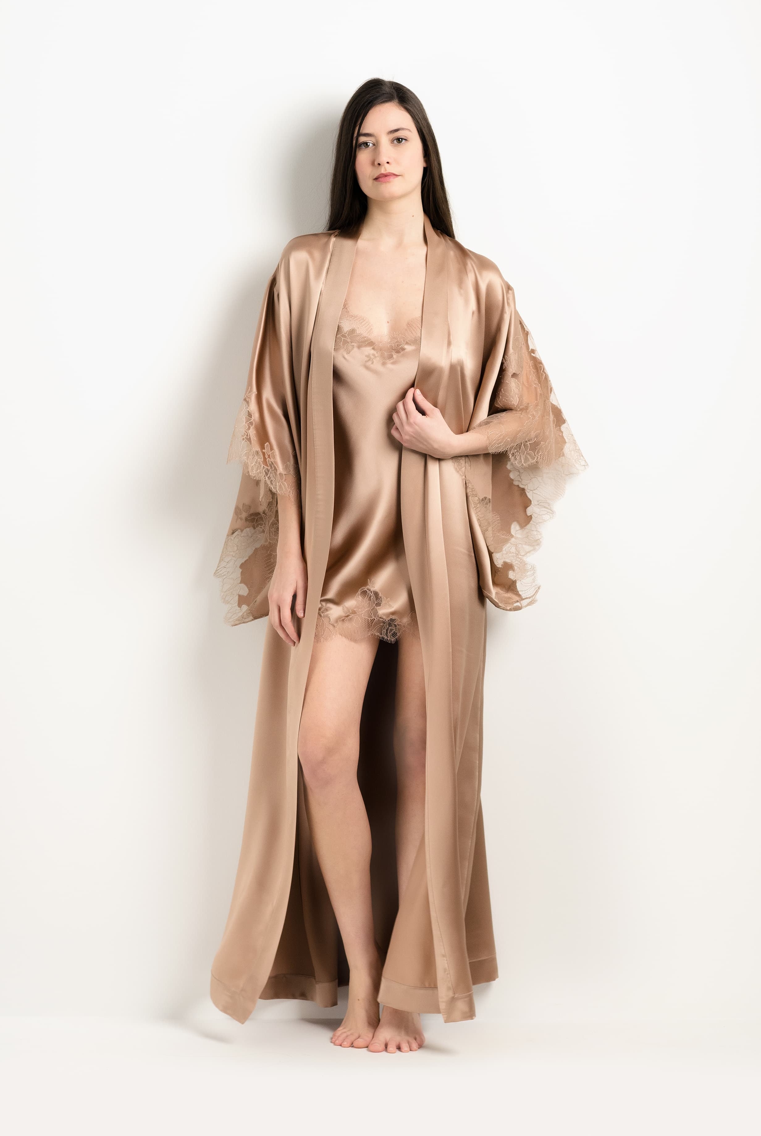 Discover the 2025 Winter collection of lingerie couture from the house Carine Gilson with this Slip Babydoll Style V Neckline in Vison Silk with Vison lace