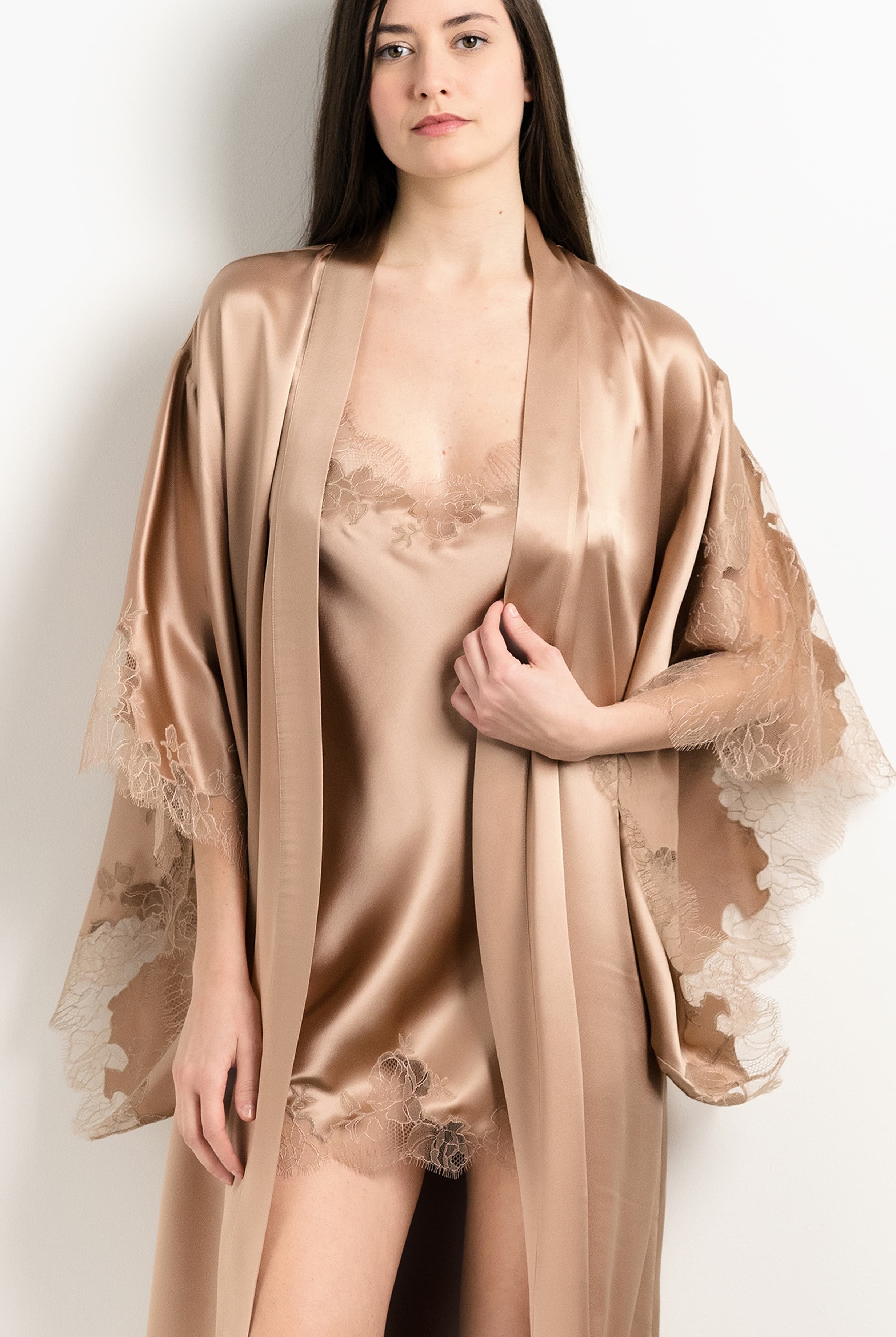 Discover the 2025 Winter collection of lingerie couture from the house Carine Gilson with this Slip Babydoll Style V Neckline in Vison Silk with Vison lace
