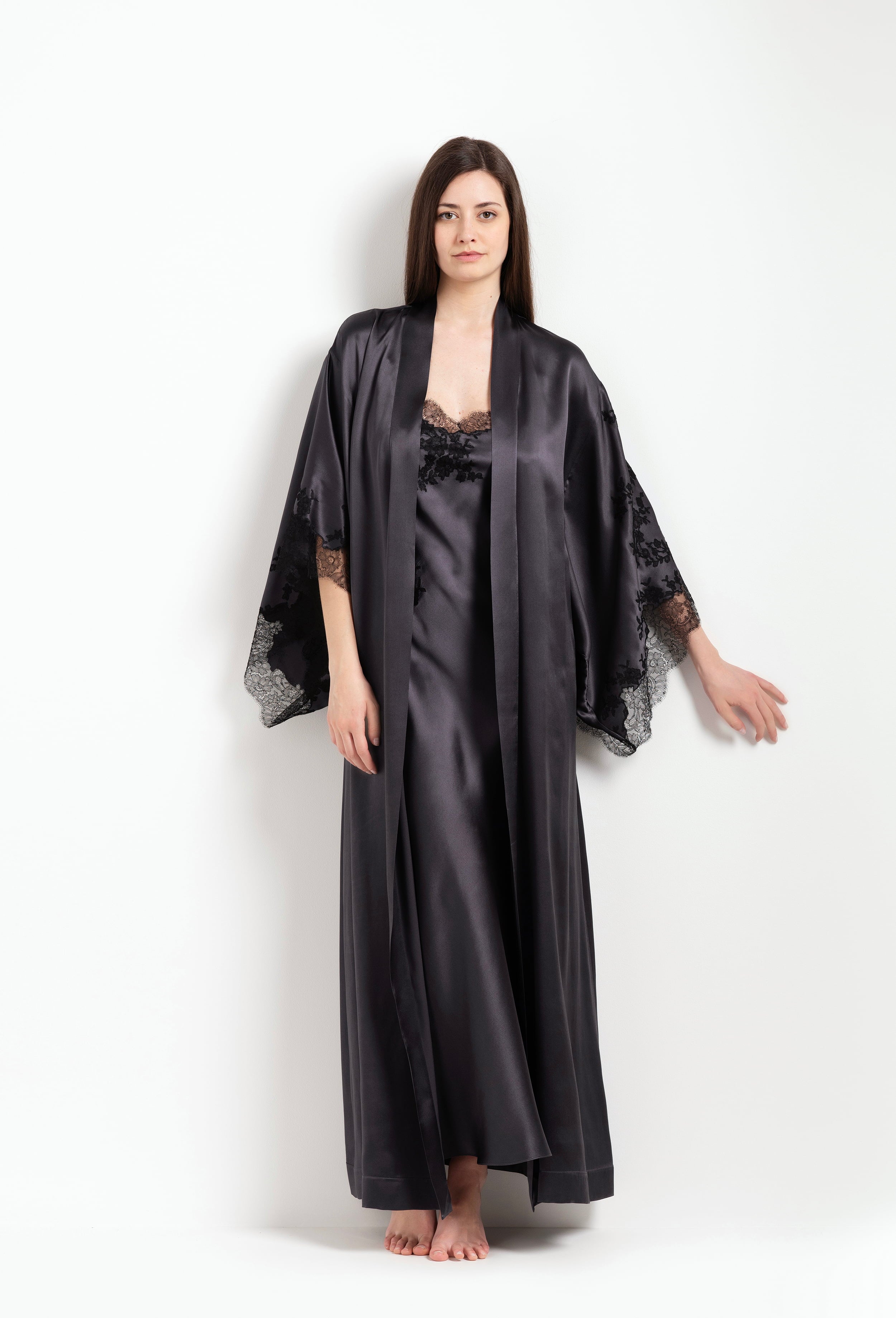 Be seduced by Carine Gilson most beautiful silk lingerie collection with this Long Kimono Butterfly Sleeves in DarkGrey Silk with black lace