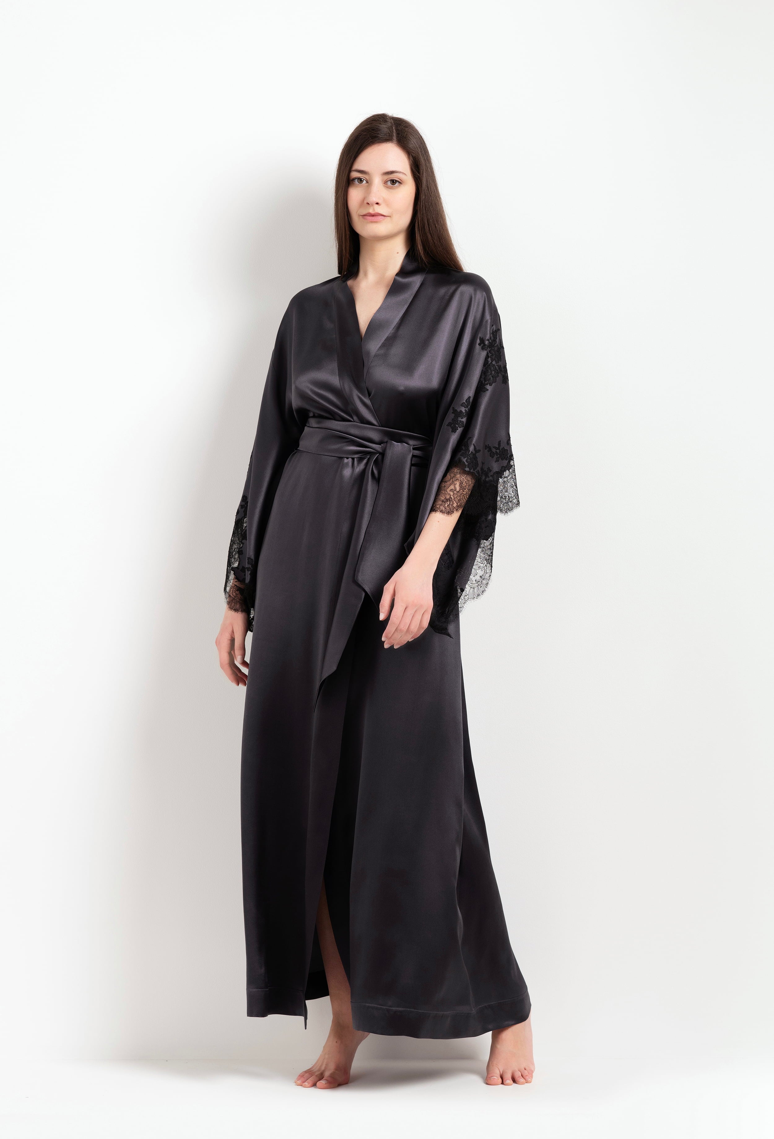 Be seduced by Carine Gilson most beautiful silk lingerie collection with this Long Kimono Butterfly Sleeves in DarkGrey Silk with black lace