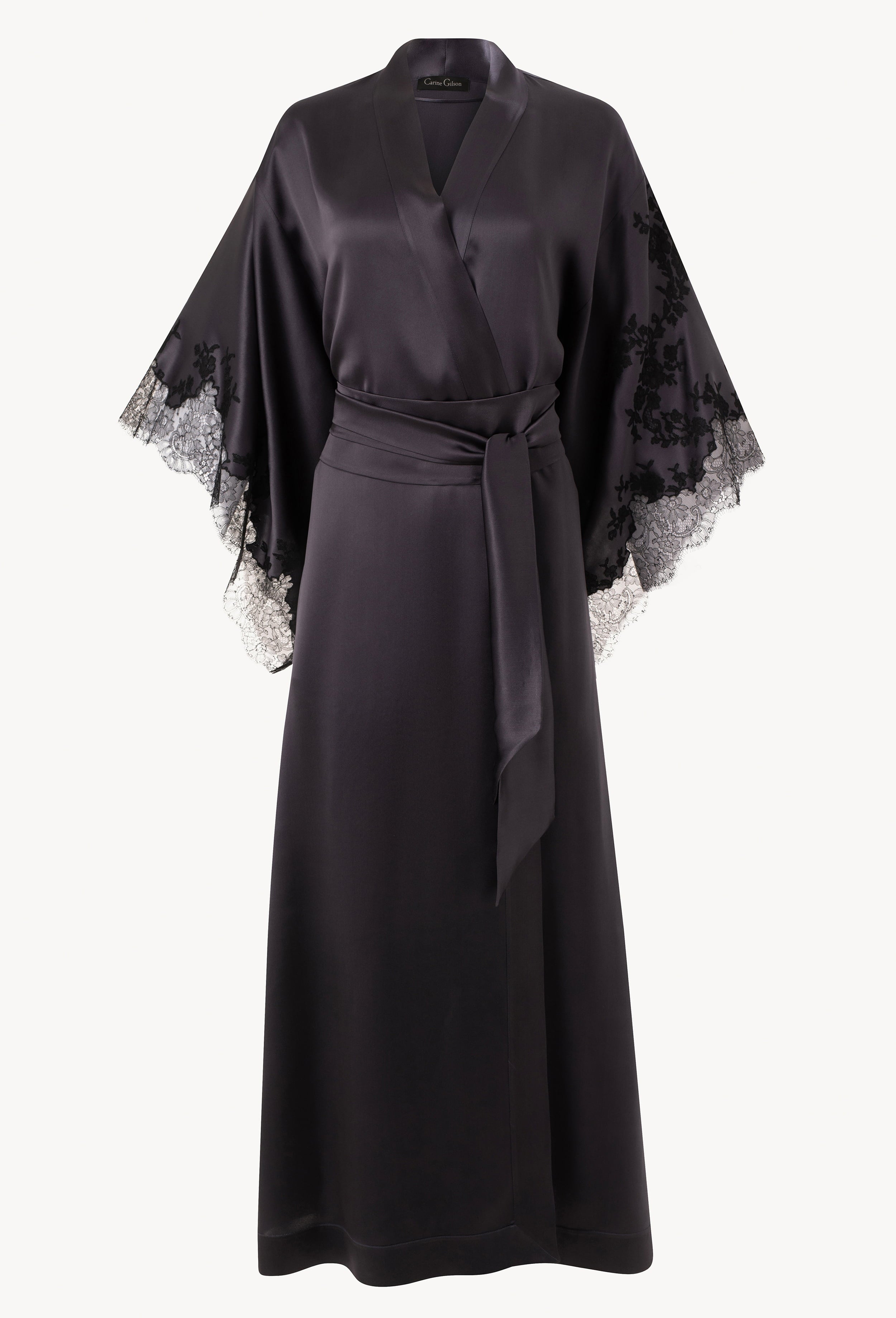 Be seduced by Carine Gilson most beautiful silk lingerie collection with this Long Kimono Butterfly Sleeves in DarkGrey Silk with black lace
