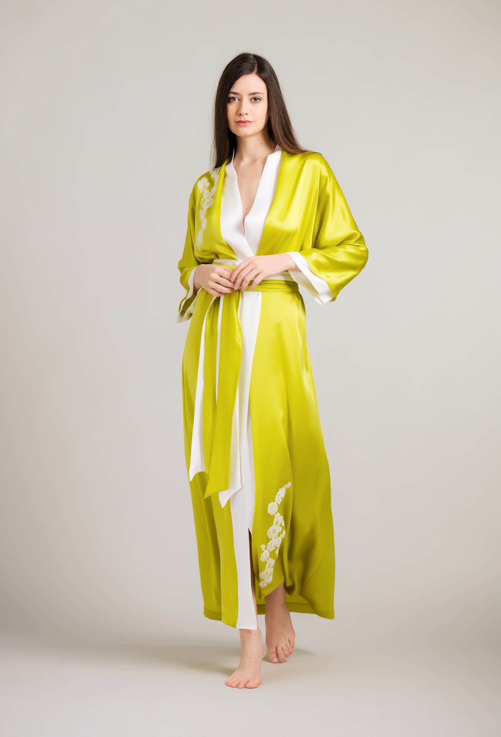 Be seduced by Carine Gilson most beautiful silk lingerie collection with this Long Kimono Raglan Style in Anise green Silk with natural lace