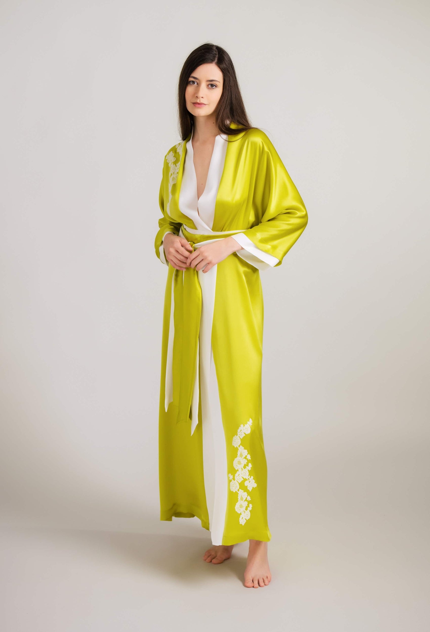 Be seduced by Carine Gilson most beautiful silk lingerie collection with this Long Kimono Raglan Style in Anise green Silk with natural lace