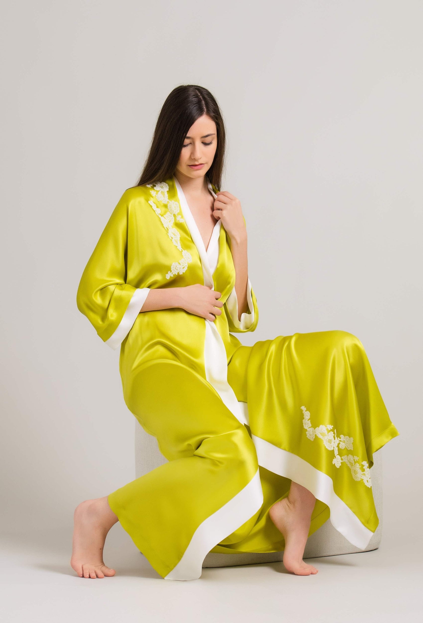 Be seduced by Carine Gilson most beautiful silk lingerie collection with this Long Kimono Raglan Style in Anise green Silk with natural lace