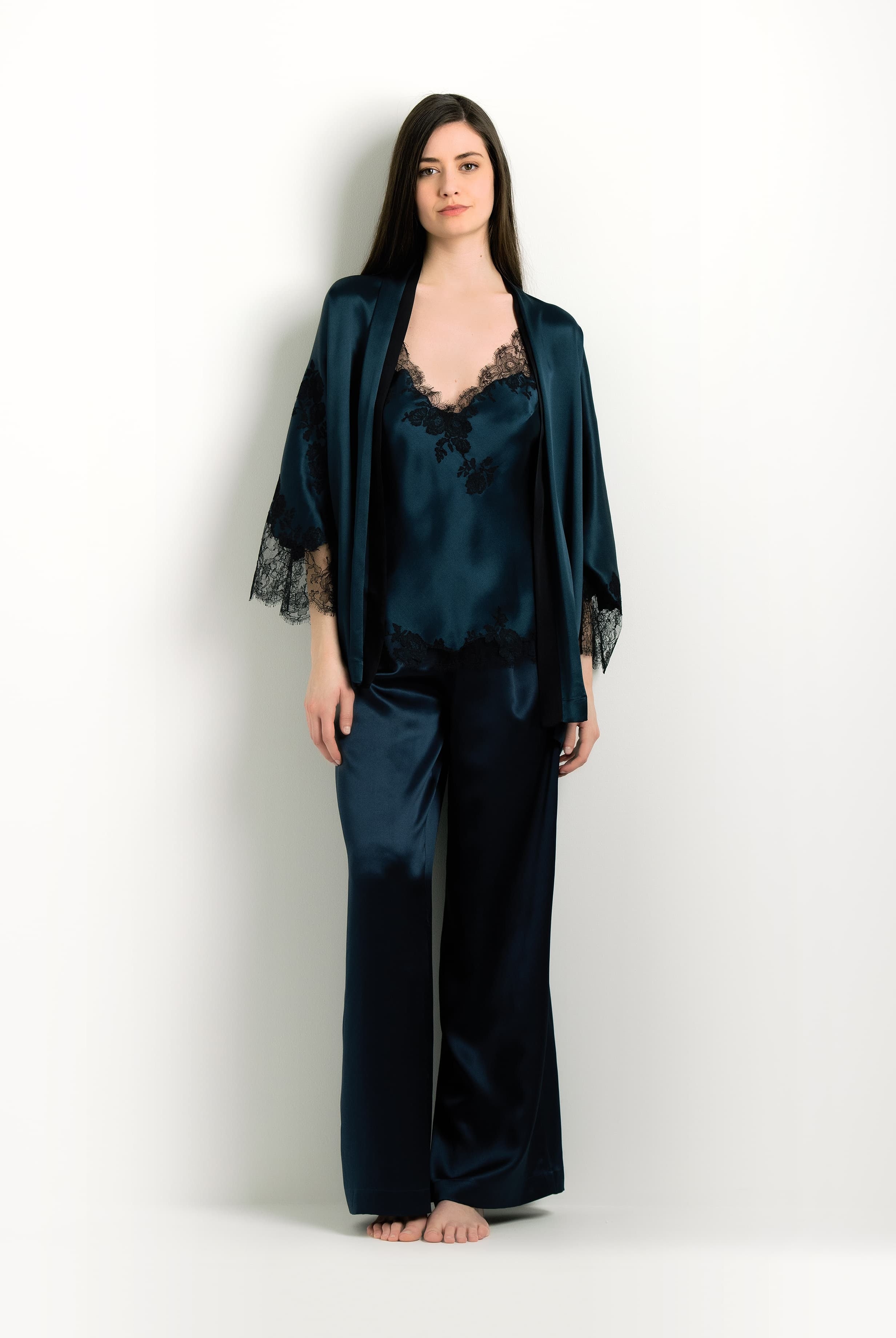 Enjoy the 2024 winter collection of lingerie couture from the house Carine Gilson with this Camisole V Neckline in dark blue Silk with Black lace