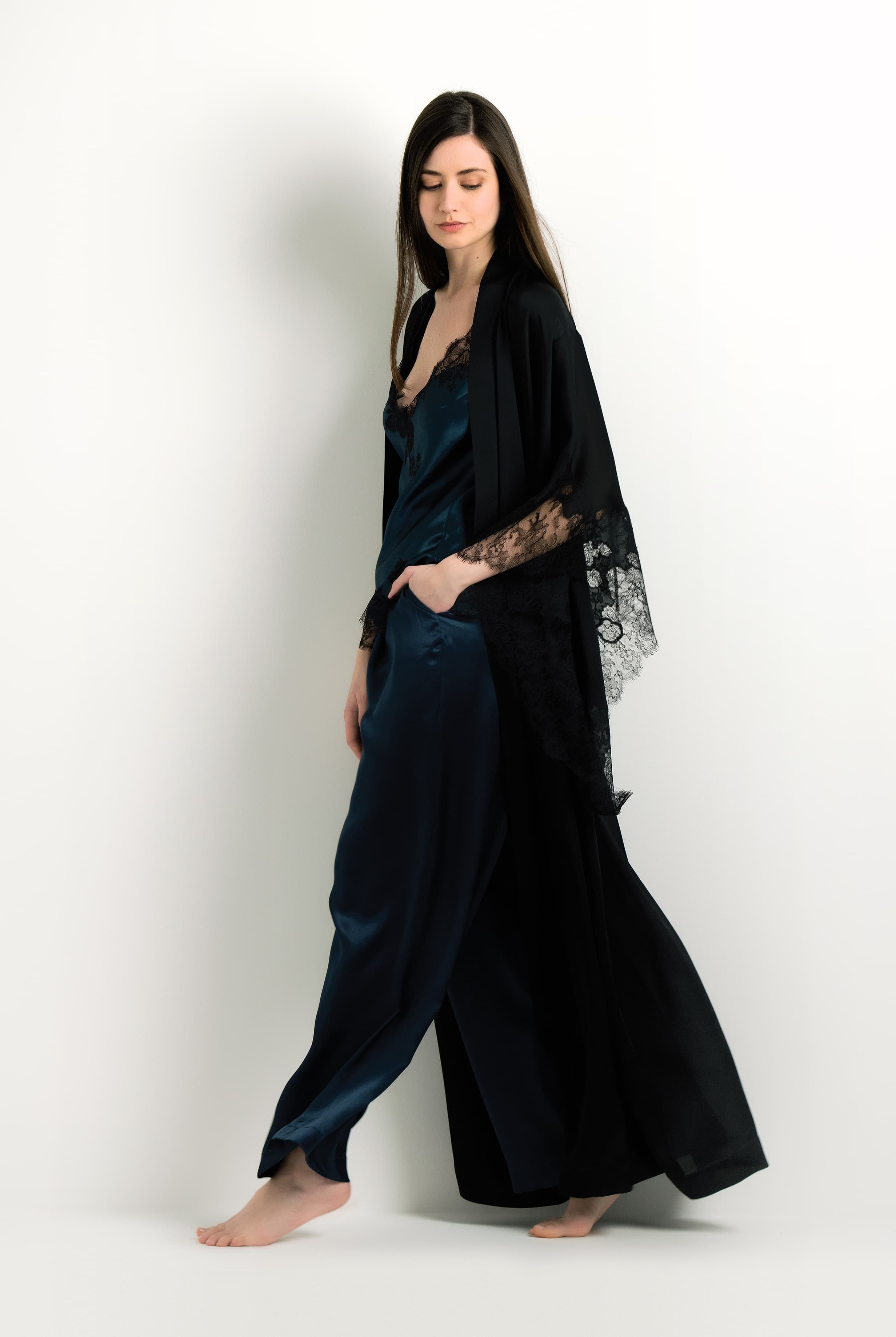 Enjoy the 2024 winter collection of lingerie couture from the house Carine Gilson with this Camisole V Neckline in dark blue Silk with Black lace
