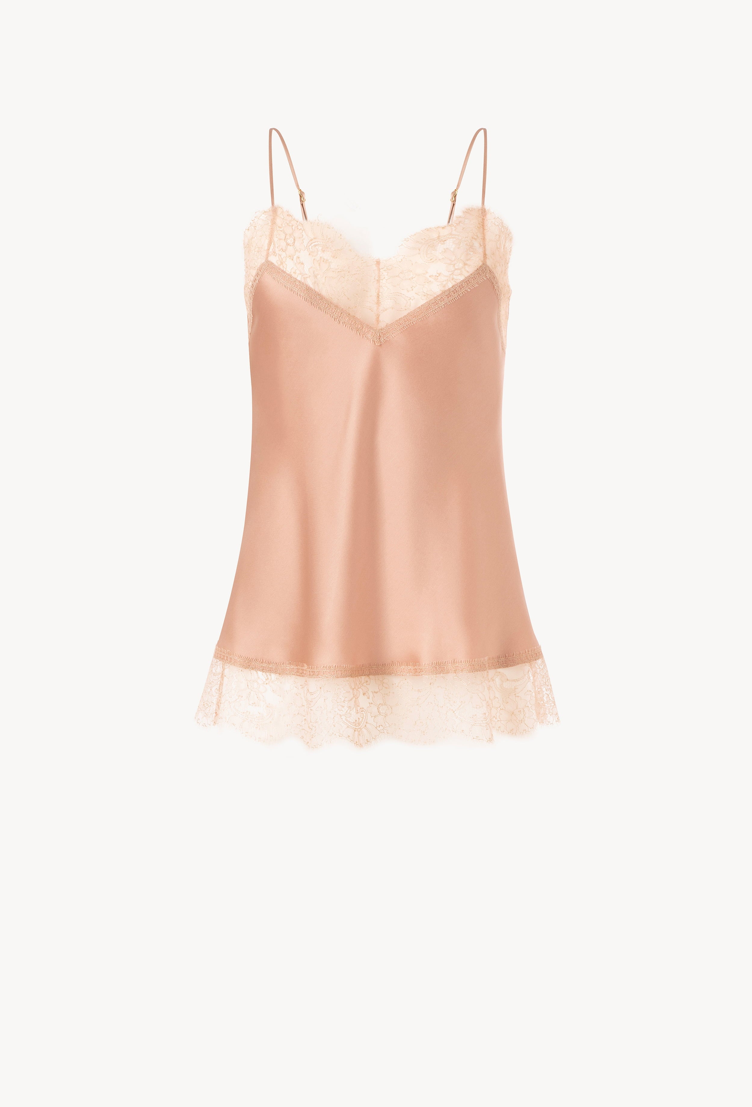 The Winter 2026-27 collection from the house Carine Gilson - The most beautiful couture lingerie to be discovered with this Long Top V Neckline with cuts in Beige vison Silk with Beige vison lace