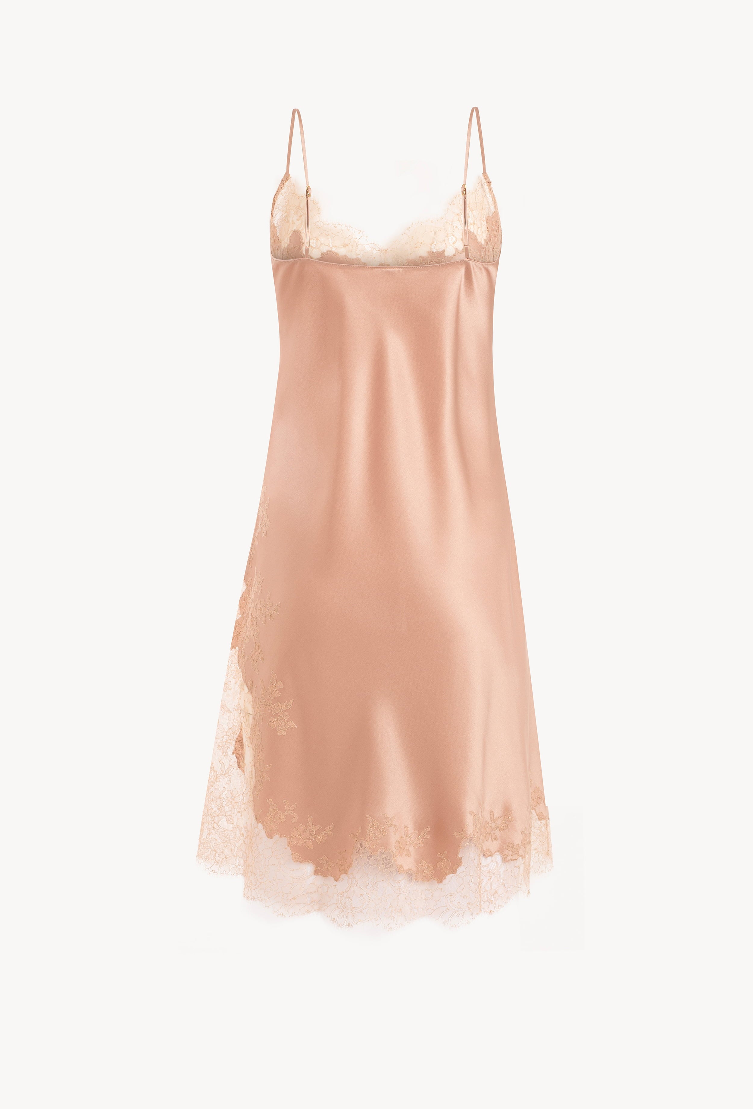 Be seduced by Carine Gilson most beautiful silk lingerie collection with this Midi dress Classic Neckline in Beige vison Silk with Beige vison lace