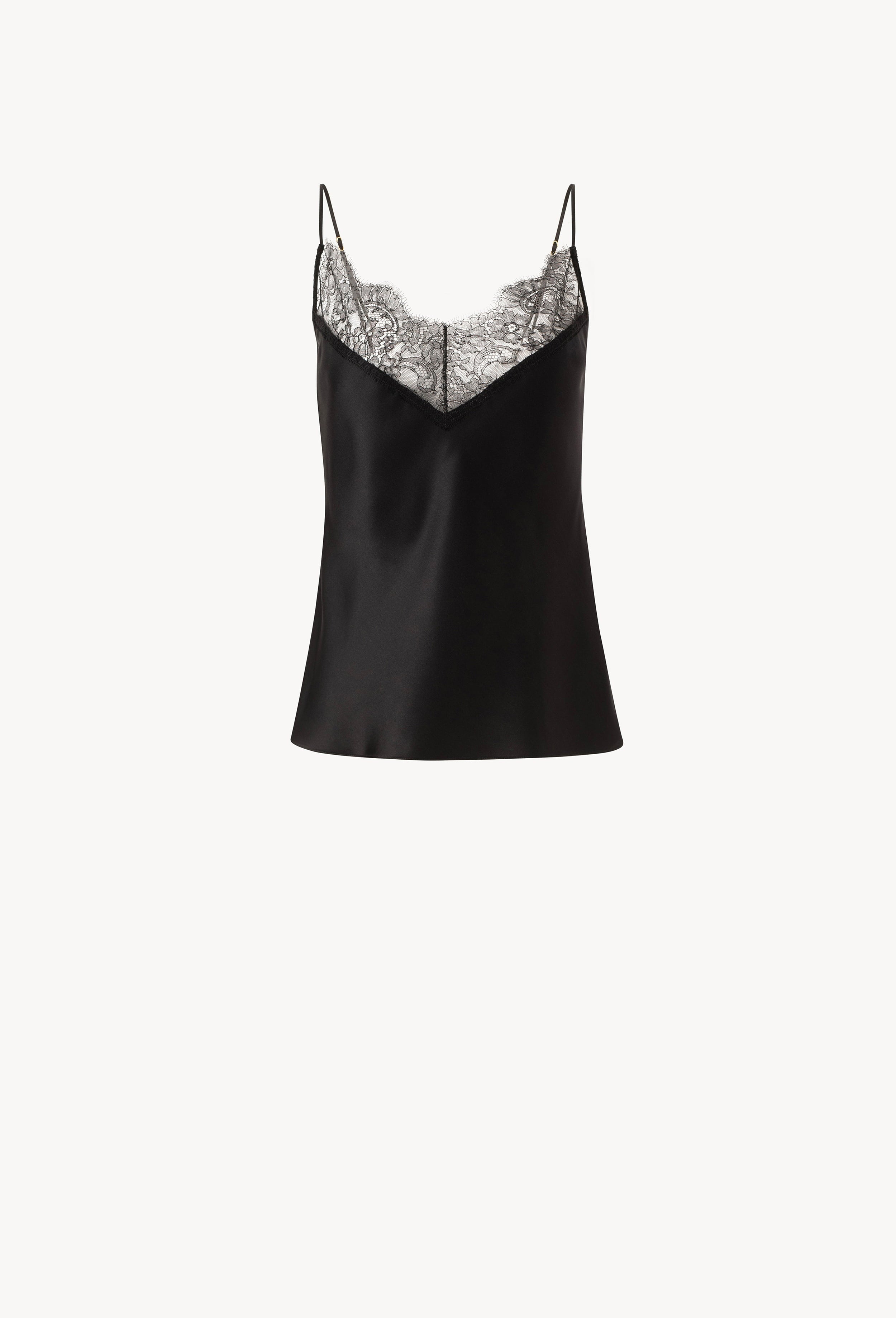 Made of silk and lace, explore the lingerie collection Winter 2026-27 from the house Carine Gilson with this Camisole Classic in black Silk with black lace
