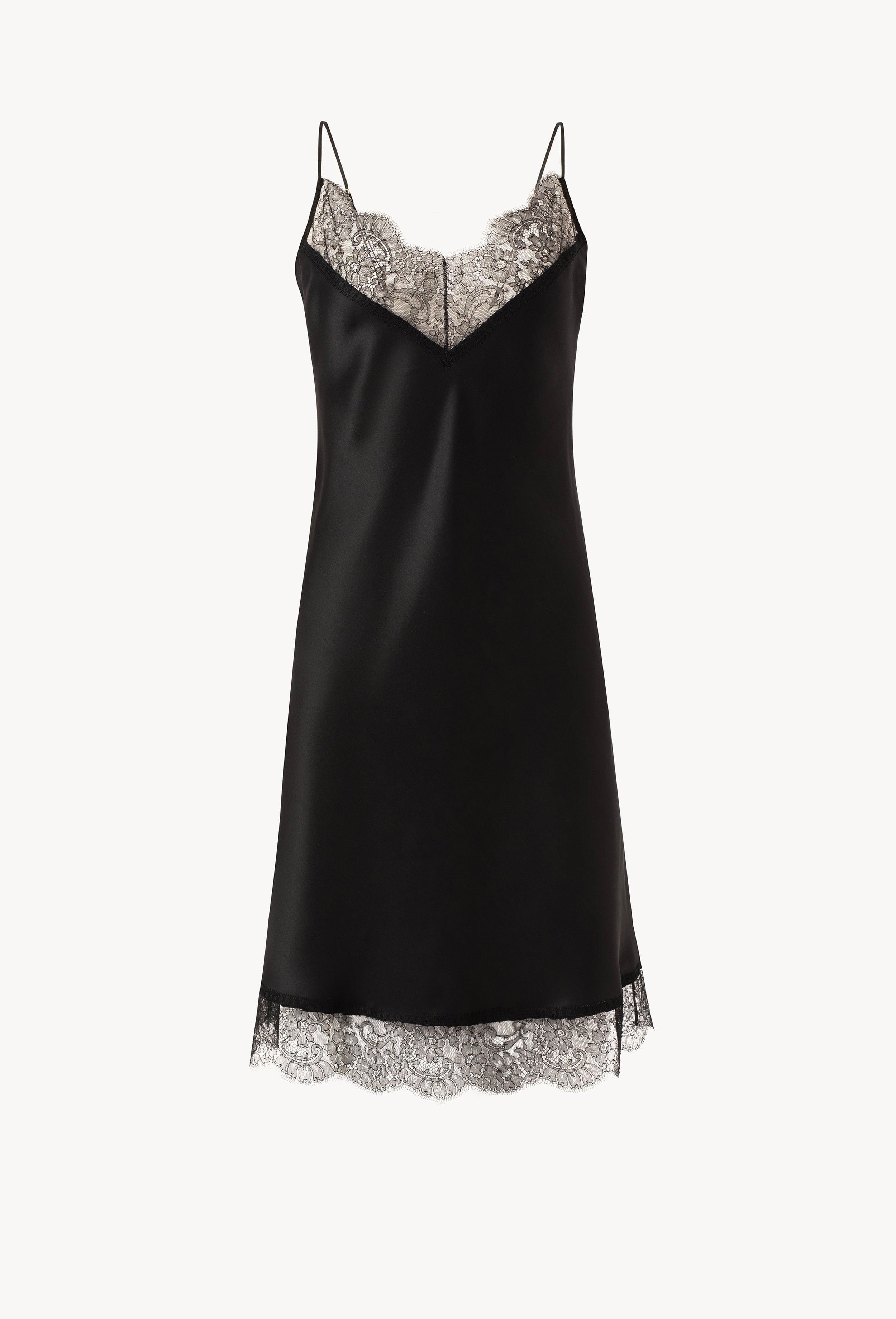 Be seduced by Carine Gilson most beautiful silk lingerie collection with this Midi dress Classic Neckline in black Silk with black lace