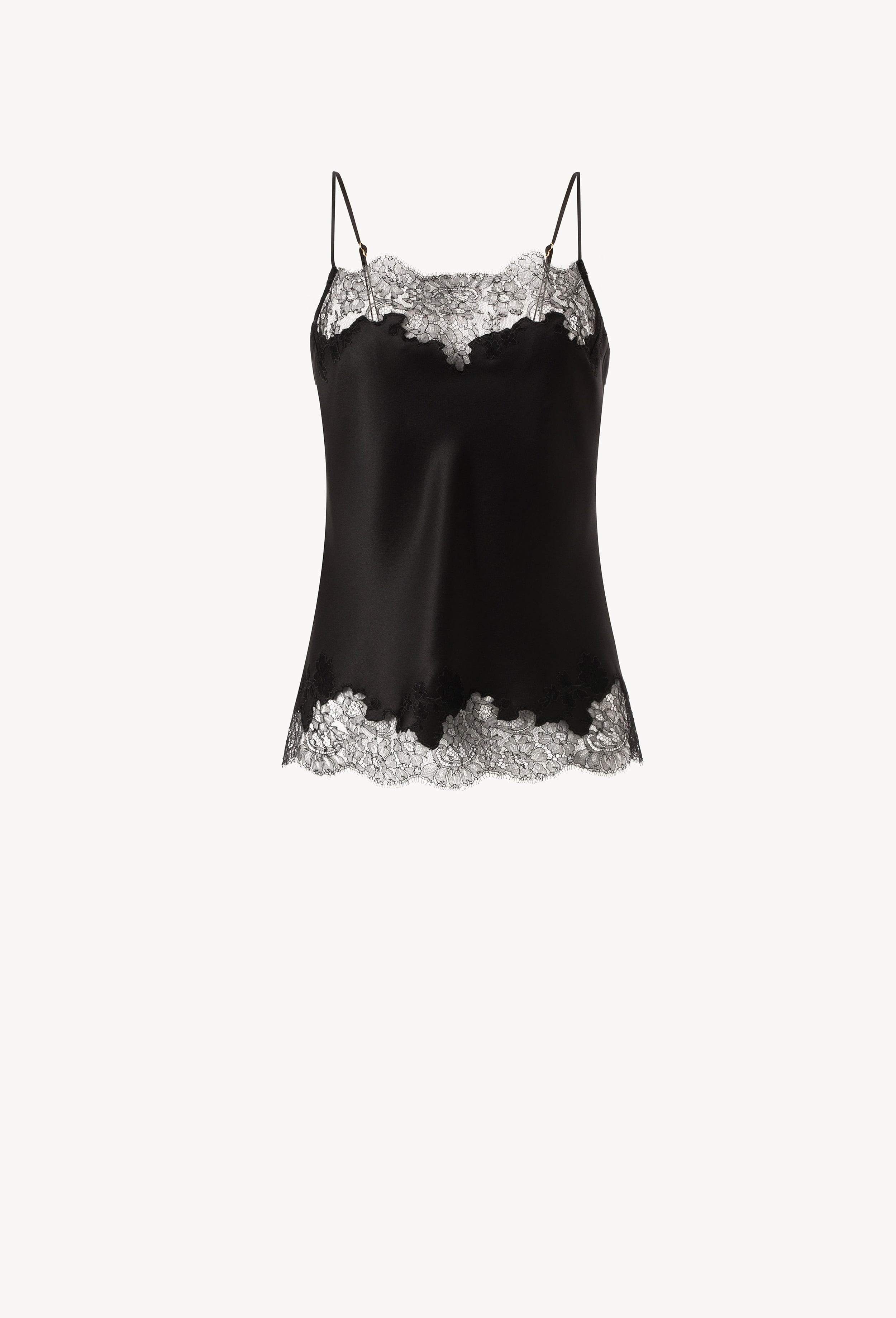 Made of silk and lace, explore the lingerie collection Winter 2026-27 from the house Carine Gilson with this Camisole Straight Neckline in black Silk with black lace