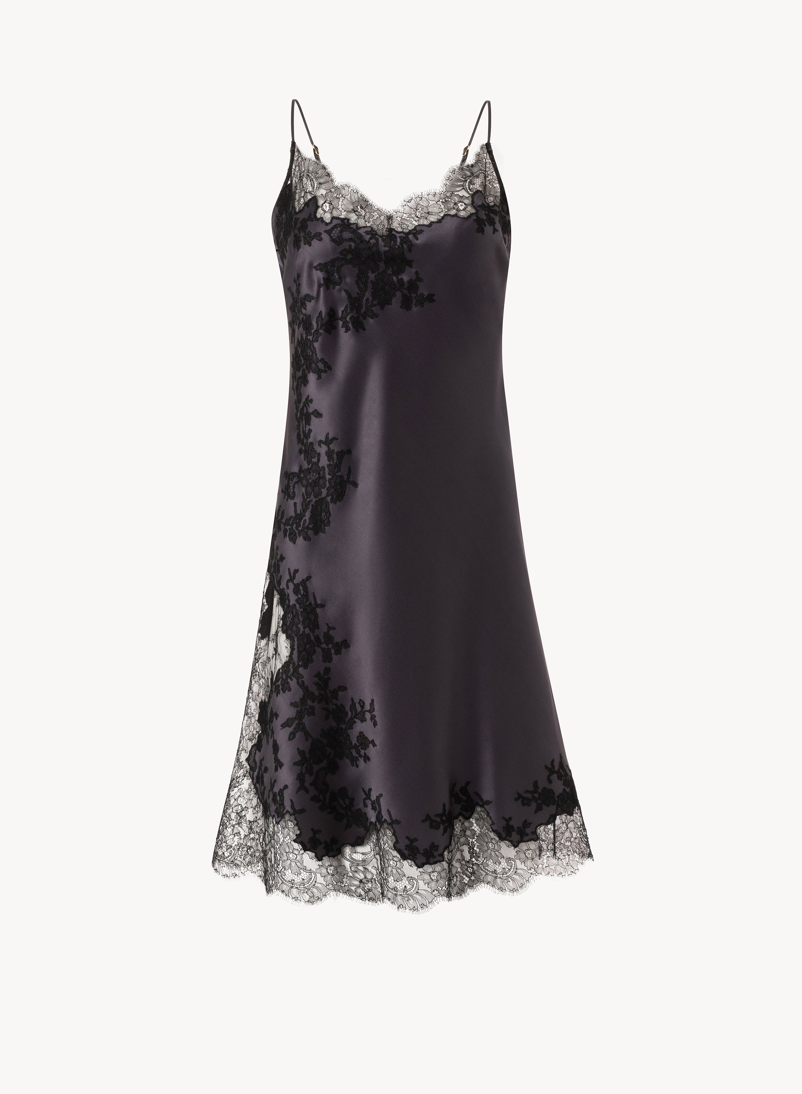 Enter Carine Gilson's world and the most beautiful silk lingerie with the Winter 2026-27 collection with this Midi dress Classic Neckline in DarkGrey Silk with black lace