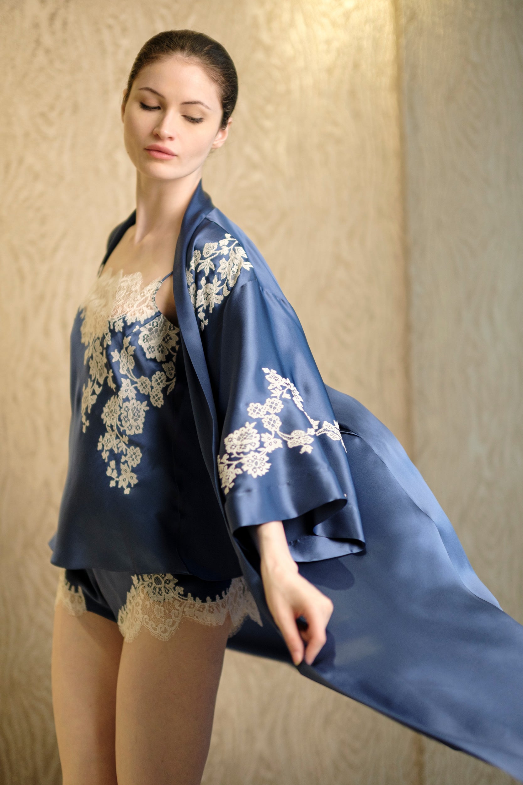 The 2026 Cruise collection from the house Carine Gilson - The most beautiful couture lingerie to be discovered with this Camisole Straight Neckline in Azur Silk with Natural lace