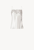Discover the unique craftmanship of the belgian designer Carine Gilson in her atelier for the Hiver 2026-27 collection with this camisole straight neckline in silver grey silk  with grey lace
