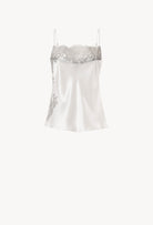 Discover the unique craftmanship of the belgian designer Carine Gilson in her atelier for the Hiver 2026-27 collection with this camisole straight neckline in silver grey silk  with grey lace