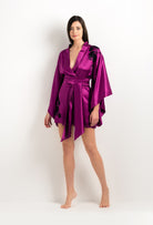 Enjoy the 2025 cruise collection of lingerie couture from the house Carine Gilson with this Short Kimono Butterfly Sleeves in violine Silk  with Black lace