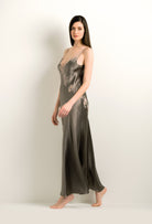 Be seduced by Carine Gilson most beautiful silk lingerie collection with this Long Gown V Neckline in warm grey Silk with pink rose lace