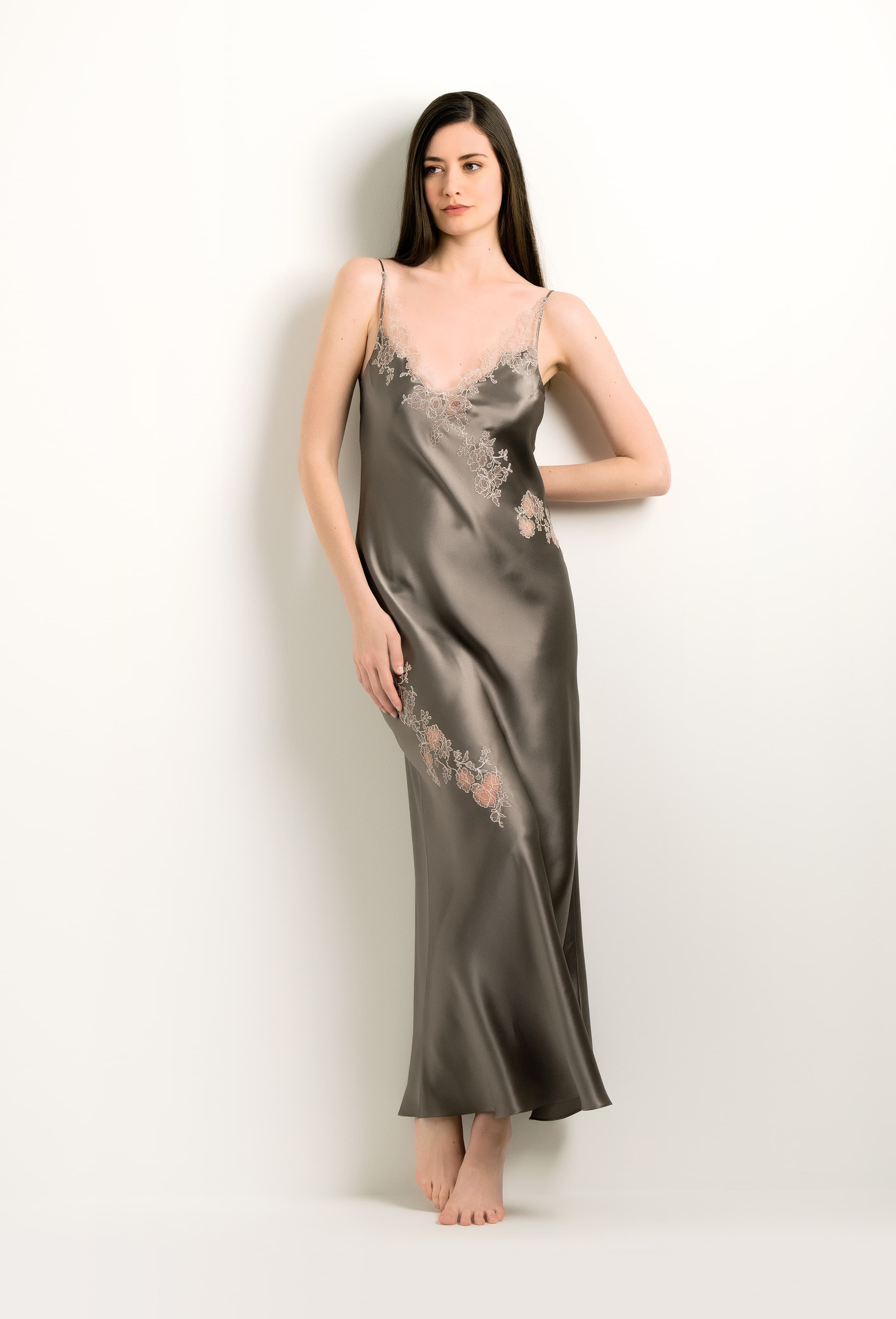 Be seduced by Carine Gilson most beautiful silk lingerie collection with this Long Gown V Neckline in warm grey Silk with pink rose lace