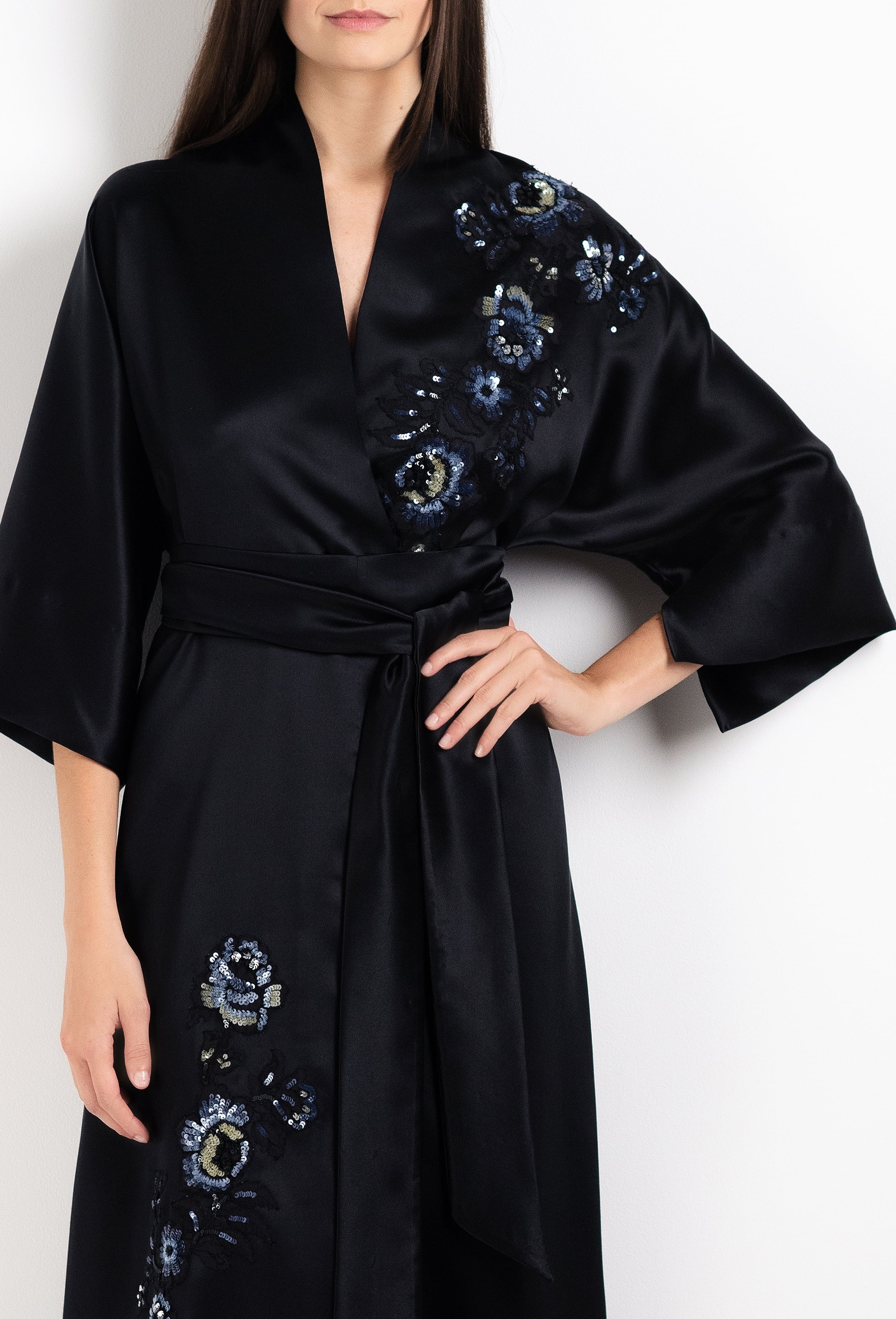 Enjoy the 2026 Cruise collection of lingerie couture from the house Carine Gilson with this Long Kimono Raglan Style in black Silk  with Sparkling black lace