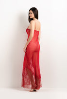 Enjoy the 2025 summer collection of lingerie couture from the house Carine Gilson with this Long Gown Straight Neckline in Flam red Silk  with red lace