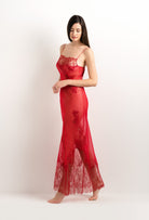 Enjoy the 2025 summer collection of lingerie couture from the house Carine Gilson with this Long Gown Straight Neckline in Flam red Silk  with red lace