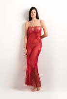 Enjoy the 2025 summer collection of lingerie couture from the house Carine Gilson with this Long Gown Straight Neckline in Flam red Silk  with red lace