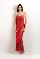 Enjoy the 2025 summer collection of lingerie couture from the house Carine Gilson with this Long Gown Straight Neckline in Flam red Silk  with red lace