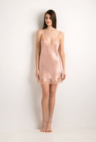 Discover the Summer 2022 collection from the house Carine Gilson with this Slip Babydoll Style V Neckline in light rose Silk with nude lace