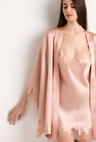 Discover the Summer 2022 collection from the house Carine Gilson with this Slip Babydoll Style V Neckline in light rose Silk with nude lace