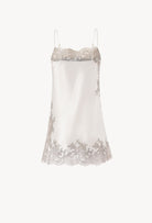 Enjoy the Hiver 2026-27 collection of lingerie couture from the house Carine Gilson with this babydoll style straight neckline in silver grey silk  with grey lace