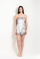 Enjoy the Hiver 2026-27 collection of lingerie couture from the house Carine Gilson with this babydoll style straight neckline in silver grey silk  with grey lace