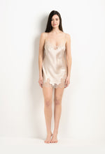 The 2025 Winter collection from the house Carine Gilson - The most beautiful couture lingerie to be discovered with this Slip Babydoll Style V Neckline in sand beige Silk  with ivory lace