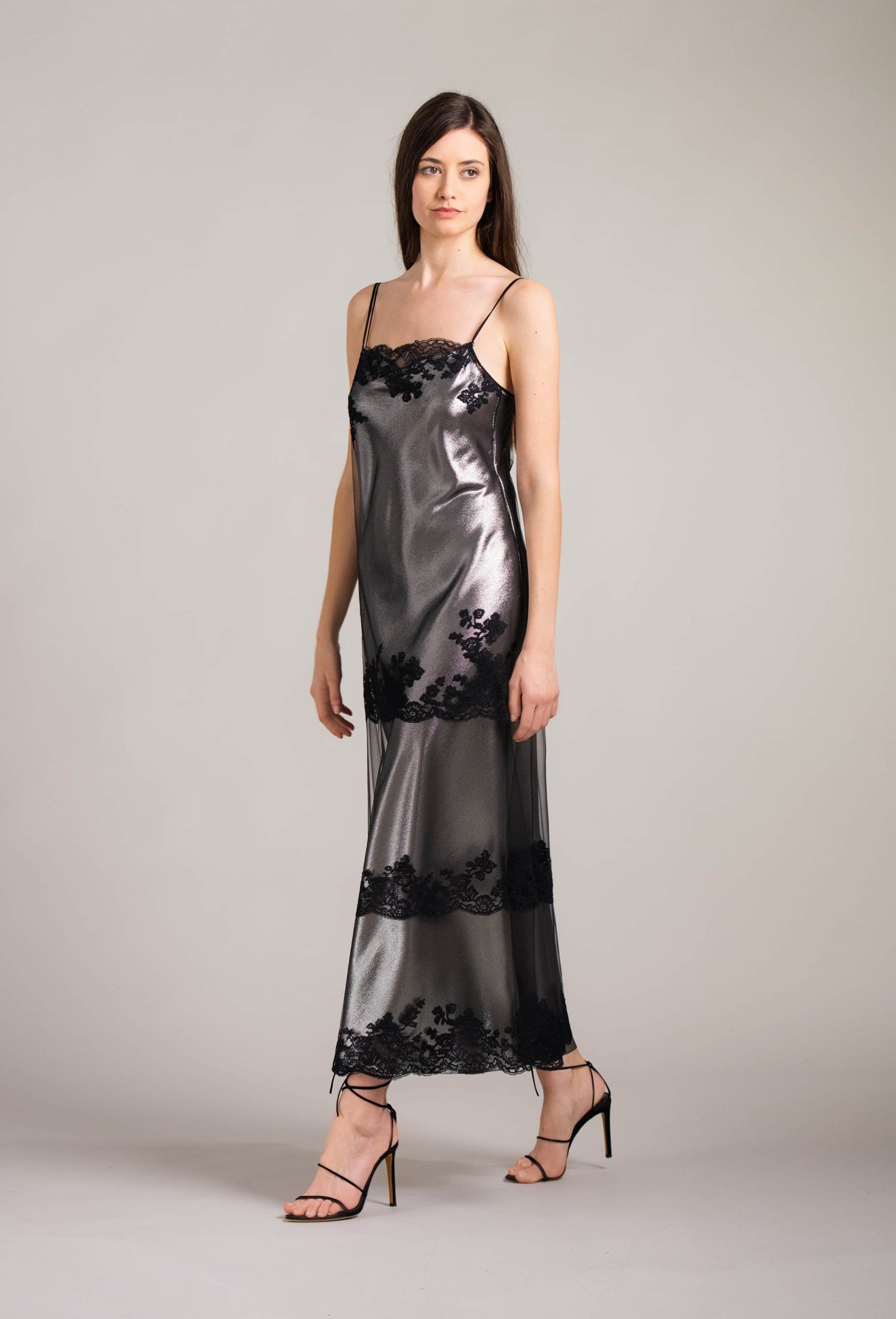 Discover the 2024 summer collection of lingerie couture from the house Carine Gilson with this 7/8 Slip Dress Straight Neckline with cuts in Black Silk with Black lace