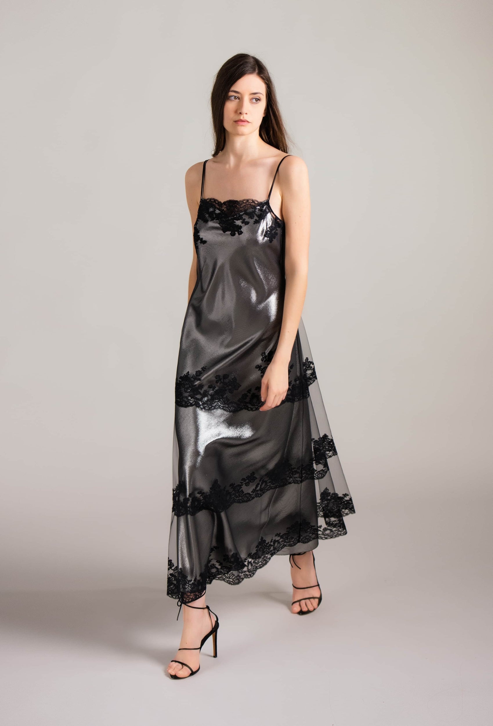 Discover the 2024 summer collection of lingerie couture from the house Carine Gilson with this 7/8 Slip Dress Straight Neckline with cuts in Black Silk with Black lace