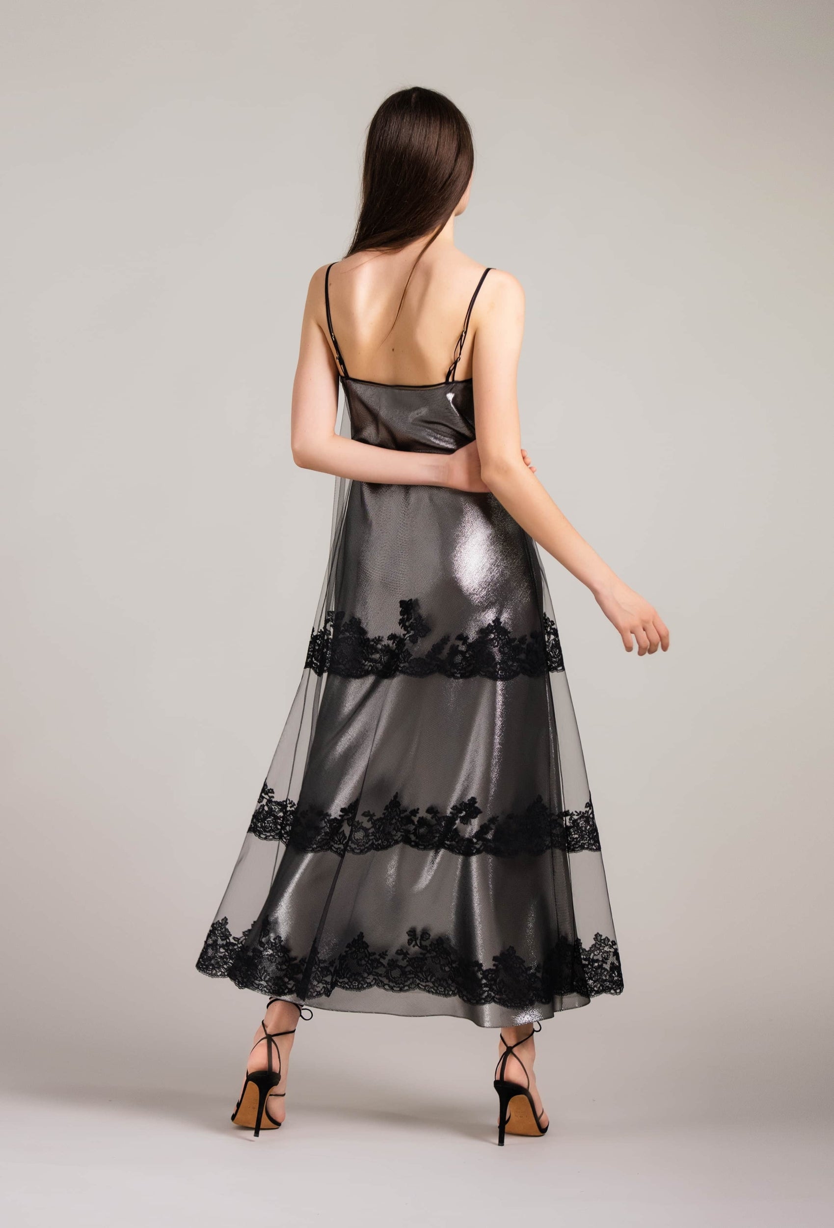 Discover the 2024 summer collection of lingerie couture from the house Carine Gilson with this 7/8 Slip Dress Straight Neckline with cuts in Black Silk with Black lace