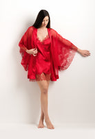 Discover the 2025 summer collection of lingerie couture from the house Carine Gilson with this Short Kimono Butterfly Sleeves in Flam red Silk  with red lace