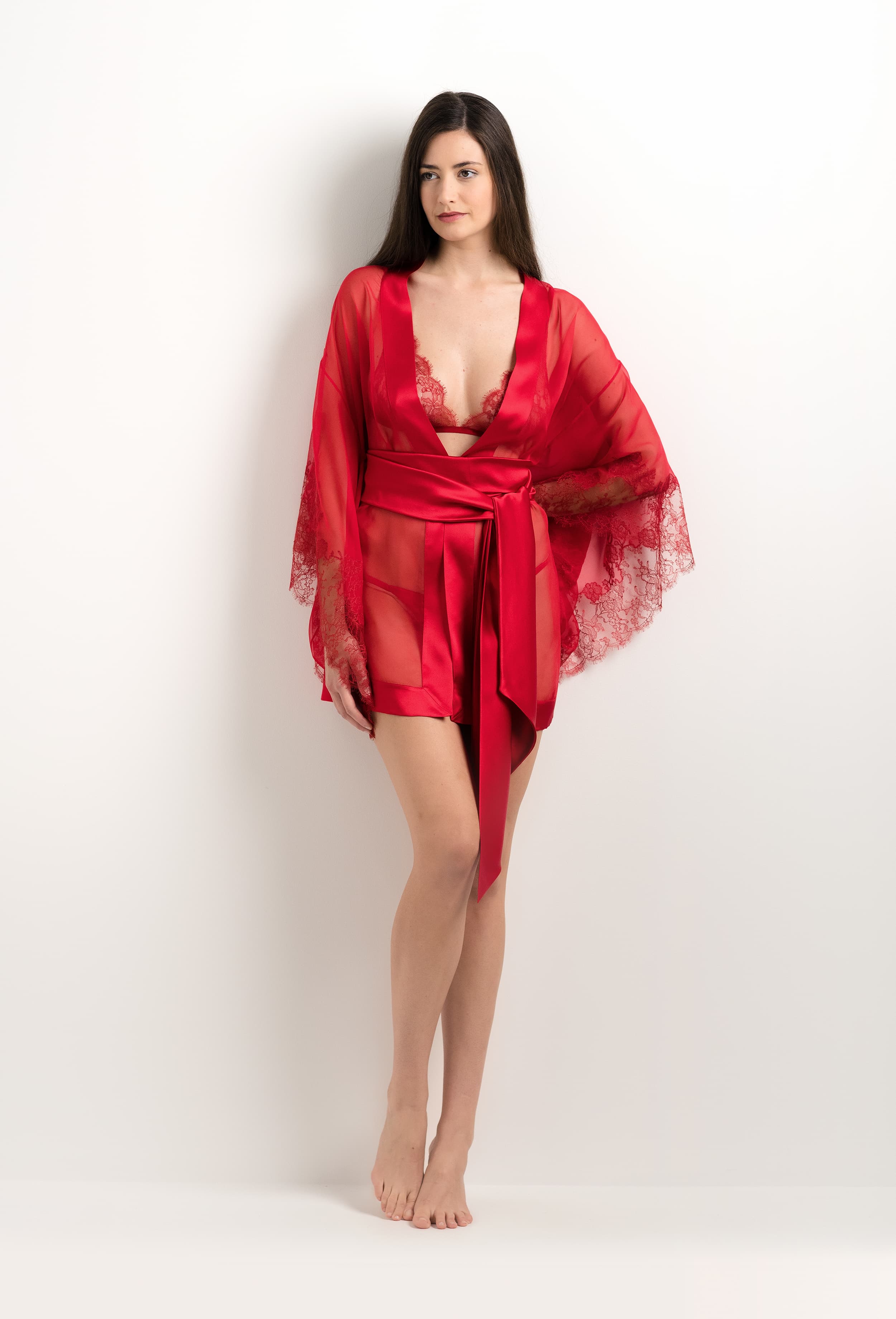 Discover the 2025 summer collection of lingerie couture from the house Carine Gilson with this Short Kimono Butterfly Sleeves in Flam red Silk  with red lace