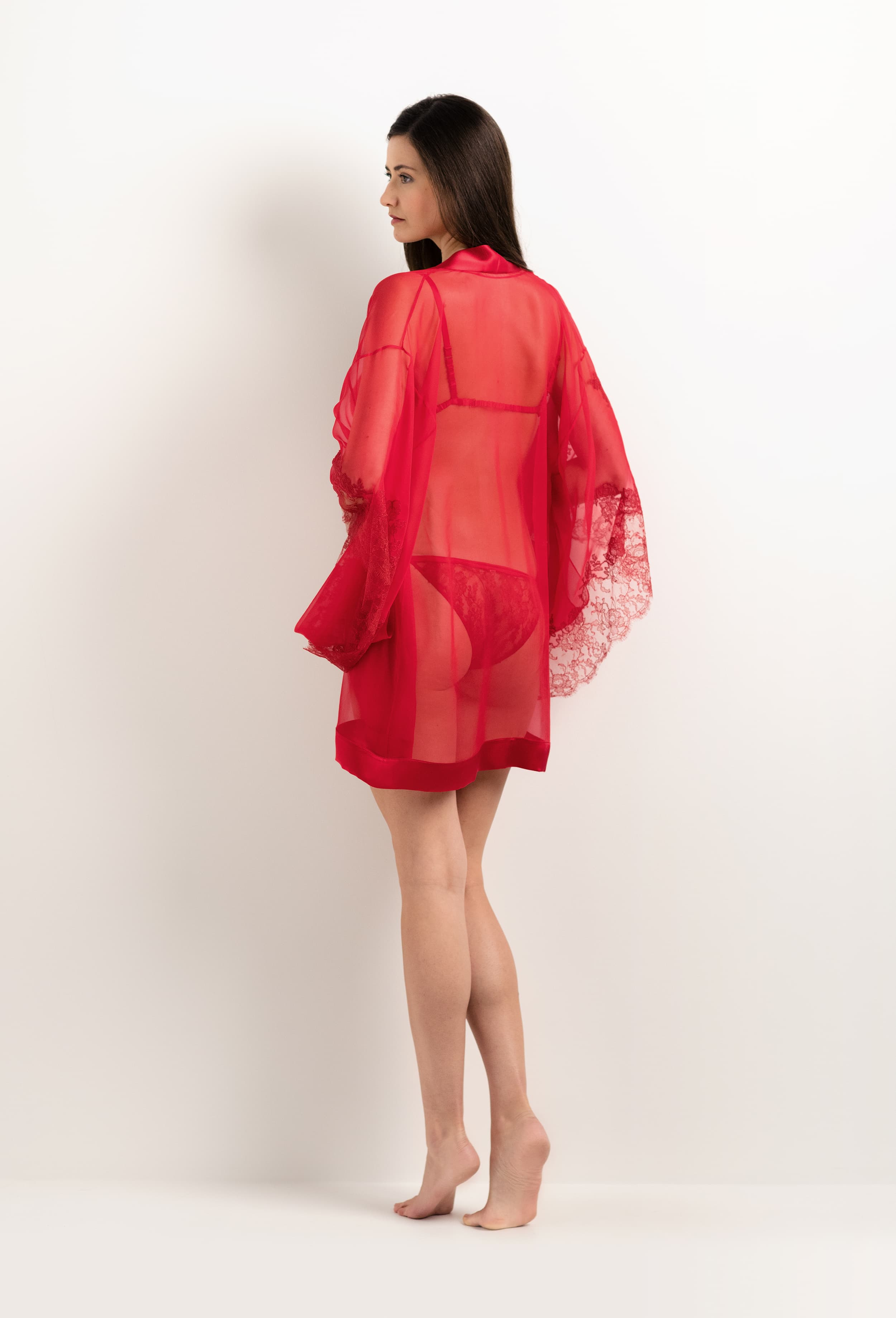 Discover the 2025 summer collection of lingerie couture from the house Carine Gilson with this Short Kimono Butterfly Sleeves in Flam red Silk  with red lace