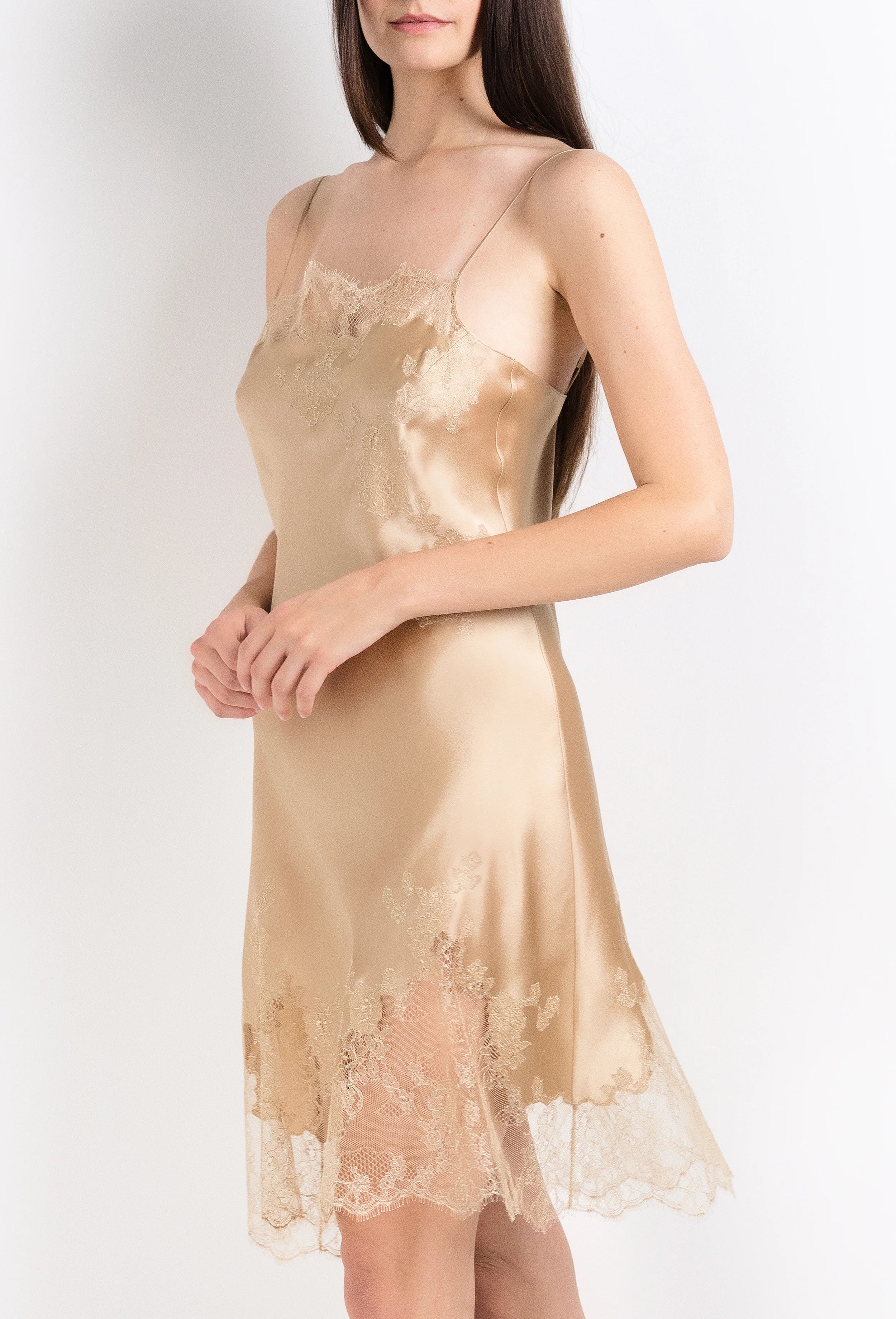 The 2026 Summer collection from the house Carine Gilson - The most beautiful couture lingerie to be discovered with this slip straight neckline in mocha silk with mocha lace