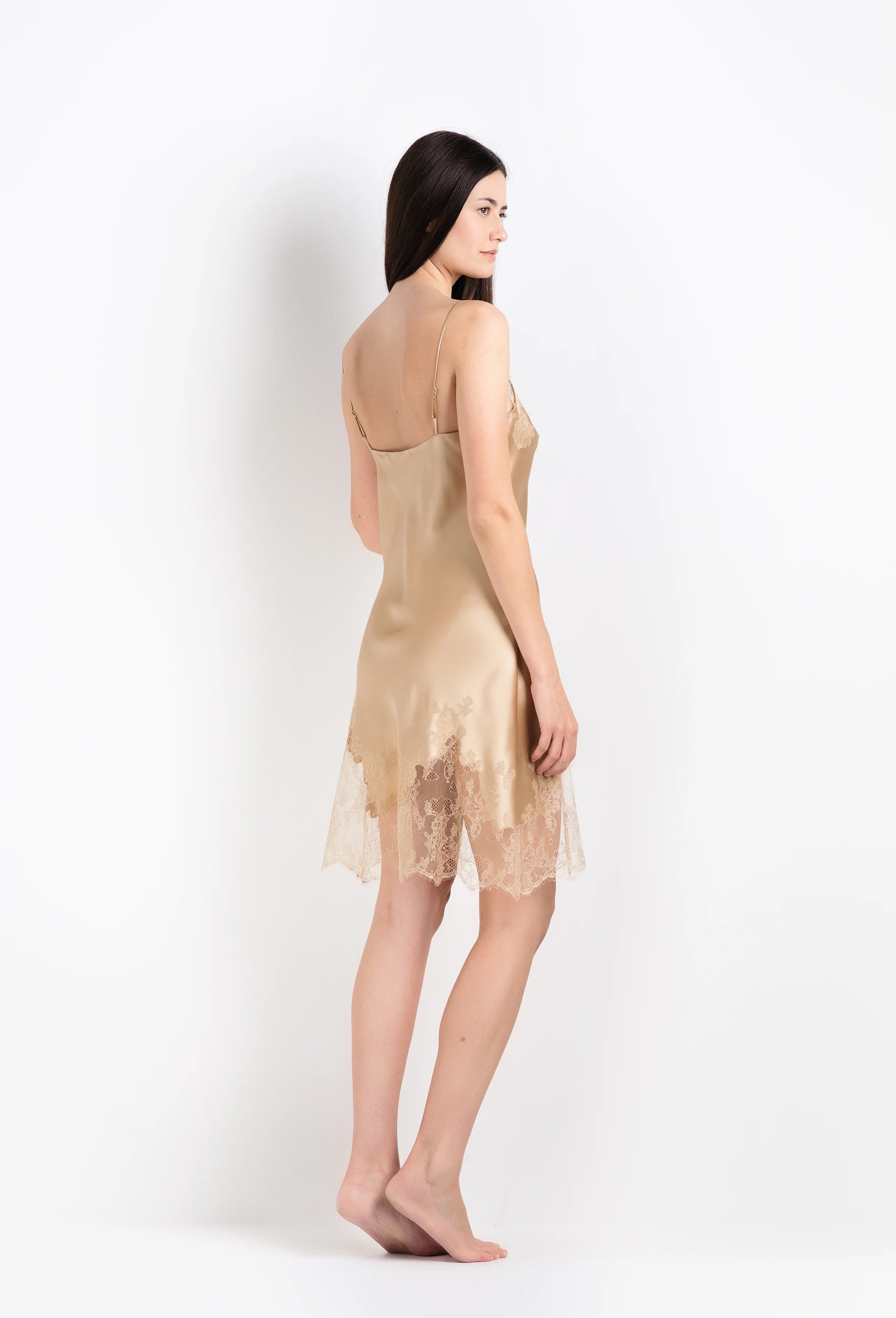 The 2026 Summer collection from the house Carine Gilson - The most beautiful couture lingerie to be discovered with this slip straight neckline in mocha silk with mocha lace