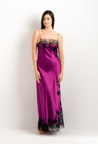 Enter Carine Gilson's world and the most beautiful silk lingerie with the 2025 cruise collection with this Long Gown Straight Neckline in violine Silk  with Black lace