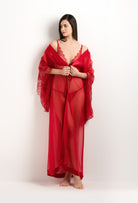 Enter Carine Gilson's world and the most beautiful silk lingerie with the 2025 summer  collection with this Long Kimono Butterfly Sleeves in Flam red Silk  with red lace