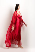 Enter Carine Gilson's world and the most beautiful silk lingerie with the 2025 summer  collection with this Long Kimono Butterfly Sleeves in Flam red Silk  with red lace