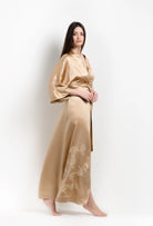 Be seduced by Carine Gilson most beautiful silk lingerie collection with this long kimono classic sleeves in mocha silk with mocha lace