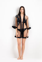 Be seduced by Carine Gilson most beautiful silk anf lace collection with this Long Kimono Butterfly Sleeves in black Silk  with Sparkling black lace